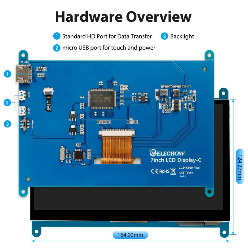ELECROW 7 Inch 1024Ã—600 Touchscreen for Raspberry Pi: IPS Capacitive Touch Screen LCD Display, Mini Portable Monitor Compatible with Raspberry Pi 5/4/3 BB Black Banana Pi Windows 11/10/8/7 Driver Free - Image 5